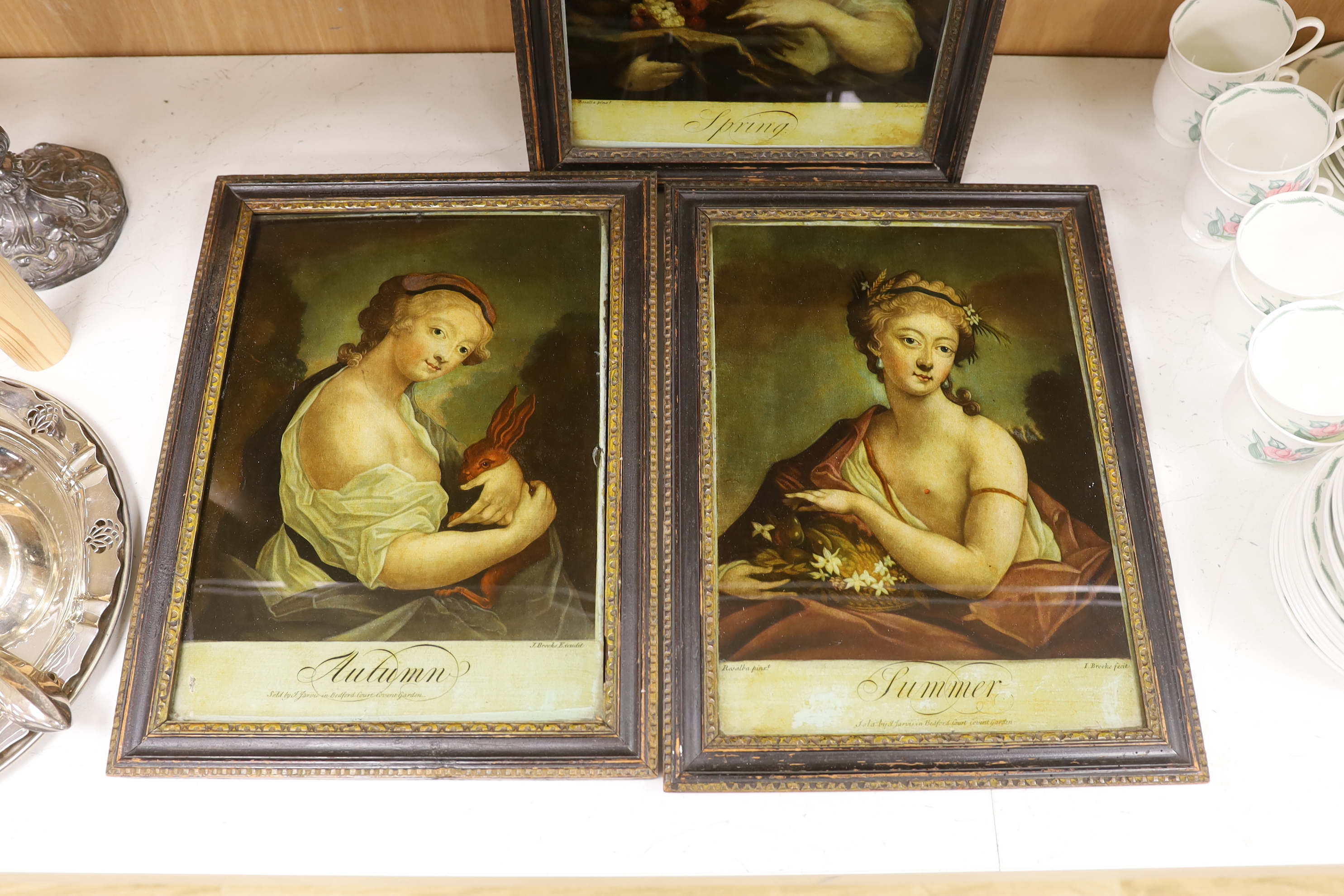 Brooks after Rosalba, three reverse prints on glass, 'Spring', 'Summer' and 'Autumn', 36 x 26cm